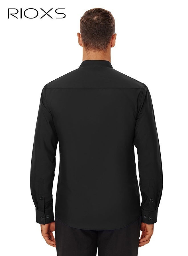 RIOXS Men's Black Stand Collar Dress Shirt, Long Sleeve Wrinkle-Free Polyester Shirt, Business Casual Office Wear, Slim Fit Button Down Shirt with White Buttons, Breathable and Easy Care Formal Wear for Men, All Season Versatile Dress Shirt, Wedding Guest Formal Shirt, Gala Dinner Appropriate Attire - Image 3
