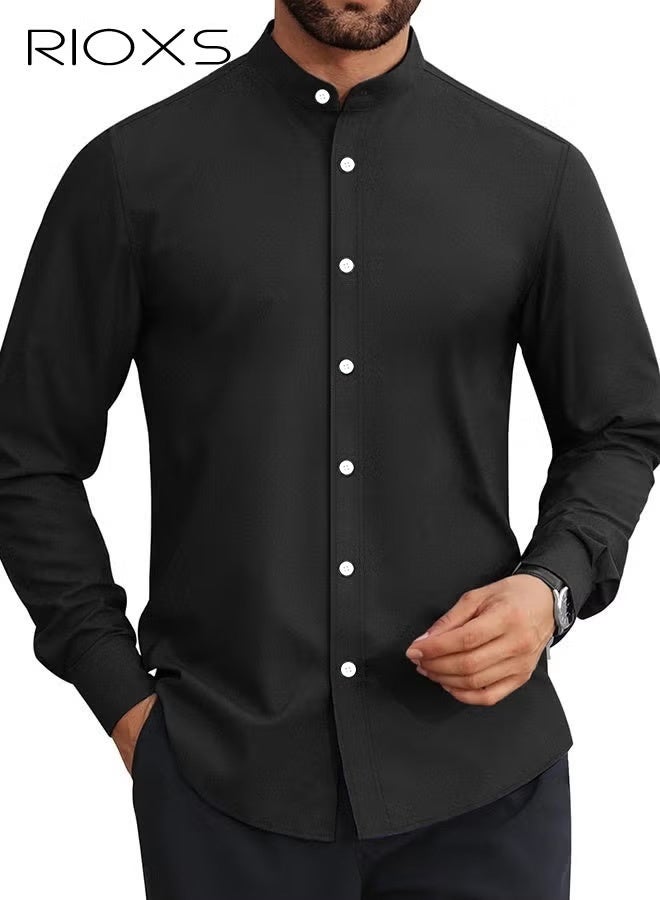 RIOXS Men's Black Stand Collar Dress Shirt, Long Sleeve Wrinkle-Free Polyester Shirt, Business Casual Office Wear, Slim Fit Button Down Shirt with White Buttons, Breathable and Easy Care Formal Wear for Men, All Season Versatile Dress Shirt, Wedding Guest Formal Shirt, Gala Dinner Appropriate Attire - Image 2