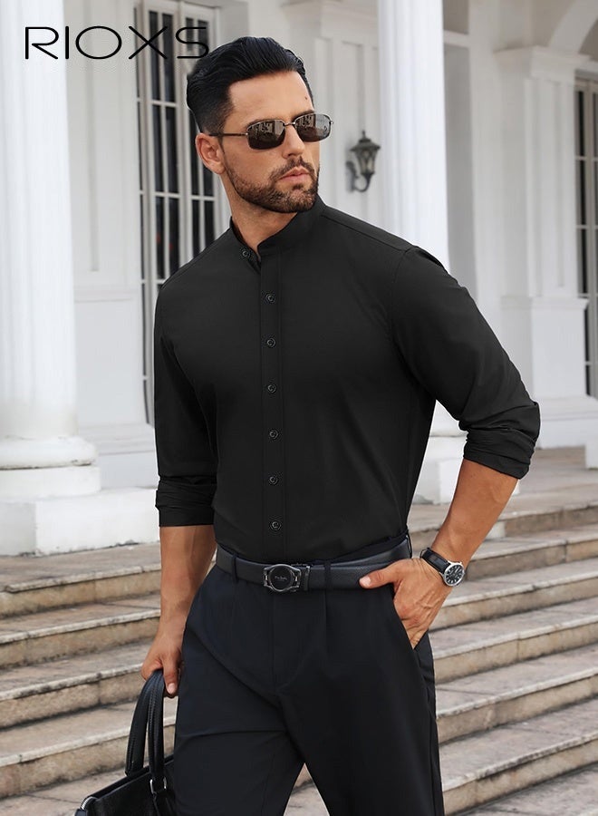 RIOXS Men's Black Stand Collar Dress Shirt, Long Sleeve Wrinkle-Free Polyester Shirt, Business Casual Office Wear, Slim Fit Button Down Shirt with White Buttons, Breathable and Easy Care Formal Wear for Men, All Season Versatile Dress Shirt, Wedding Guest Formal Shirt, Gala Dinner Appropriate Attire - Image 5