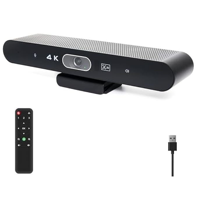 CONFERENCE ROOM CAMERA, ALL-IN-ONE 4K WEBCAM WITH MICROPHONE AND SPEAKER, AI TRACKING AND AUTO FRAMING, WIDE ANGLE OF VIEW, PLUG AND PLAY USB WEBCAM FOR PC, MAC, MEETINGS, TEAMS, ZOOM (BLACK) (BLACK)