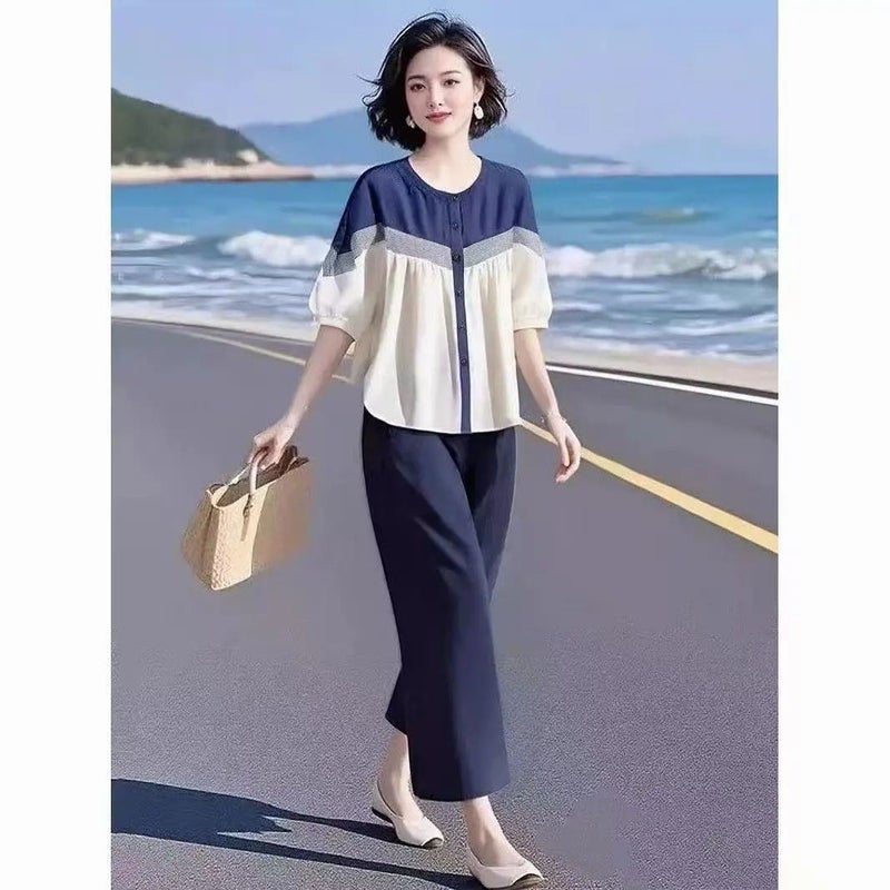 2026 Fashionable and Elegant Women''s Summer Two-Piece Set, Loose and Comfortable, Slimming, Beach Vacation Color-Blocking Outfit for Women - Image 5