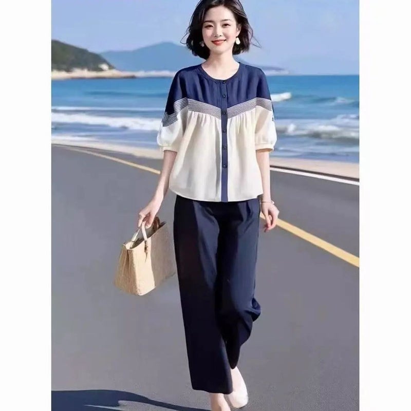 2026 Fashionable and Elegant Women''s Summer Two-Piece Set, Loose and Comfortable, Slimming, Beach Vacation Color-Blocking Outfit for Women - Image 2