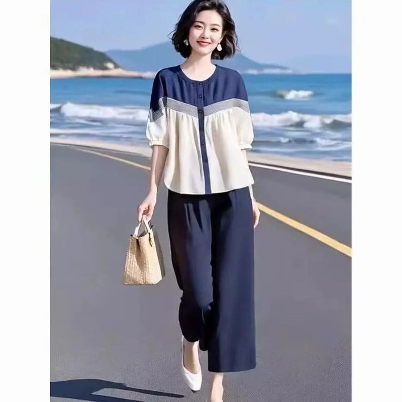 2026 Fashionable and Elegant Women''s Summer Two-Piece Set, Loose and Comfortable, Slimming, Beach Vacation Color-Blocking Outfit for Women - Image 3