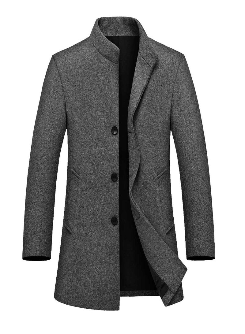 Loquat معطف ترينش شتوي للرجال بياقة واقفة بلون موحد سترة خارجية بأكمام طويلة رمادي - Image 1