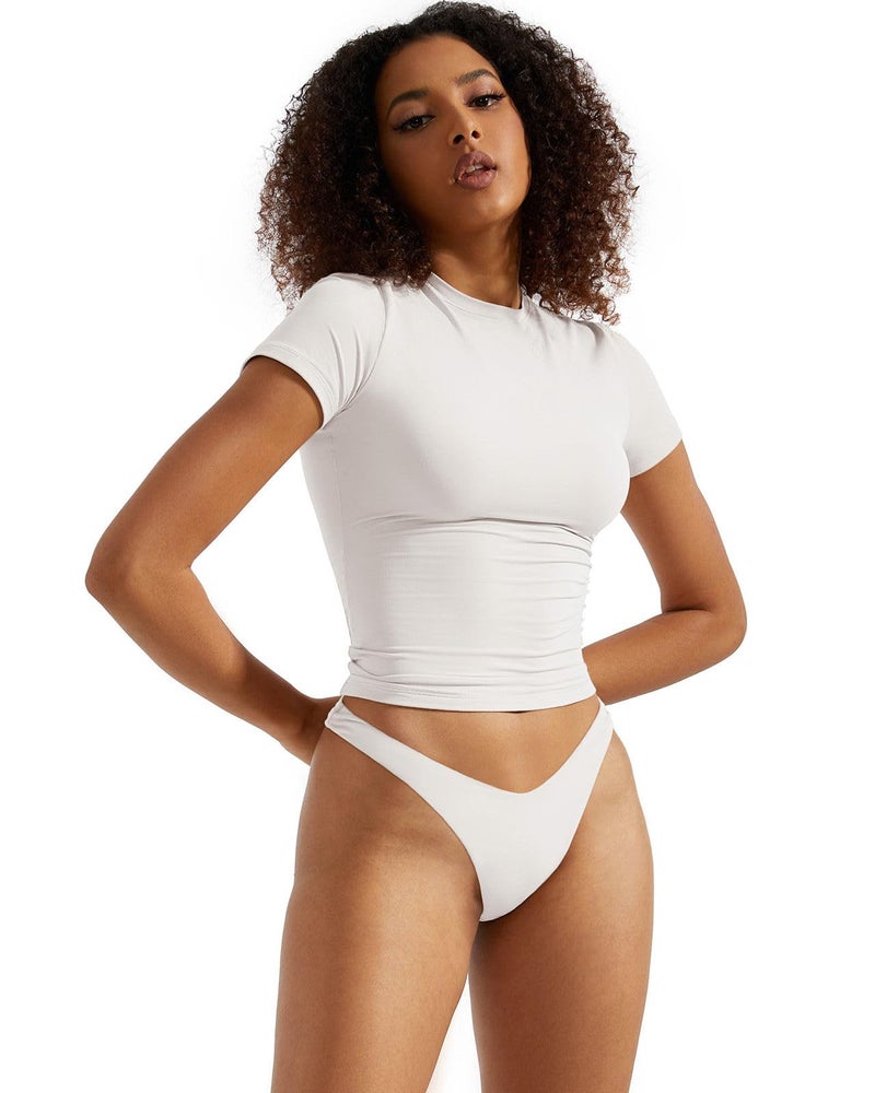 SUUKSESS Women Double Lined Fitted Basic Tee Shirts Crew Neck Short Sleeve Y2K Going Out Crop Tops (Snow White, XS) - Image 3