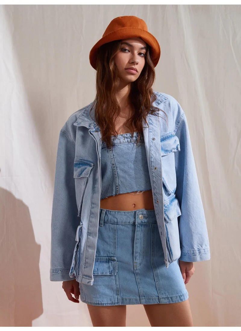 Dilvin 65317 Bellows Pocket Denim Coat-Blue