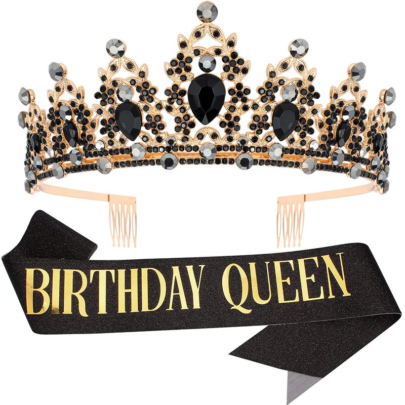 BIRTHDAY QUEEN Sash and Tiara for Women Crystal Tiara and Satin Kit for Girl Rhinestones Crown with Comb Glitter Hair Accessories for Prom Party Decoration Cake Topper Accessory Set with Pin