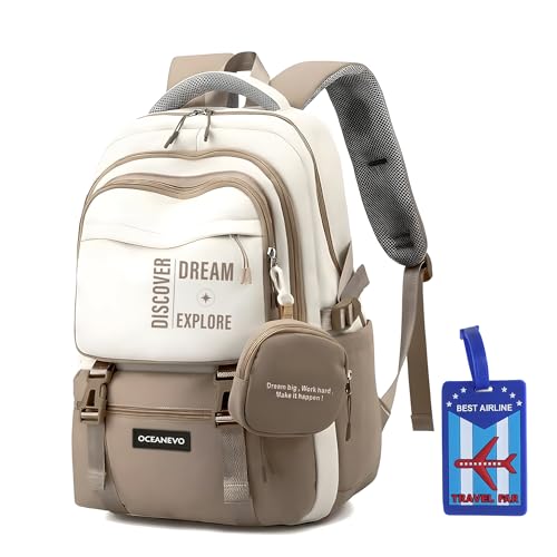 OCEANEVO College Bag for Girls WITH Luggage Tag and Zipper Pouch, School Bag for Girls 12-14 Years, Laptop Bag for Women for Office - 48 x 30 x 16 Cm - Khaki - Image 1