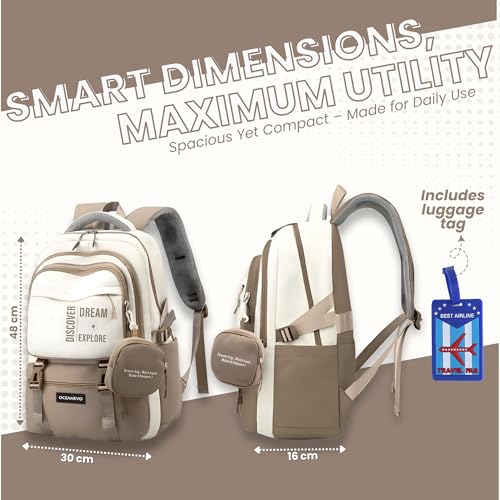 OCEANEVO College Bag for Girls WITH Luggage Tag and Zipper Pouch, School Bag for Girls 12-14 Years, Laptop Bag for Women for Office - 48 x 30 x 16 Cm - Khaki - Image 2