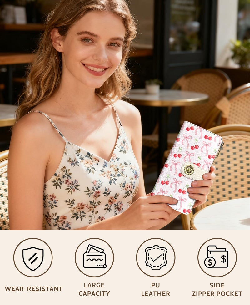 GIANCOMICS Cute Womens Wallet RFID Blocking, Bow Credit Card Holder Bifold, PU Leather Travel Billfold, Long Cash Purse, Zipper Coin Pocket Clutch, 1 ID Window, 11 Card Slot, Ladies Gift Woman - Image 2