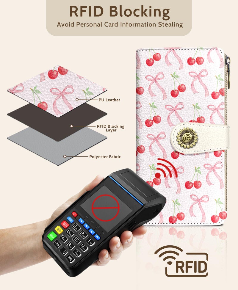 GIANCOMICS Cute Womens Wallet RFID Blocking, Bow Credit Card Holder Bifold, PU Leather Travel Billfold, Long Cash Purse, Zipper Coin Pocket Clutch, 1 ID Window, 11 Card Slot, Ladies Gift Woman - Image 4