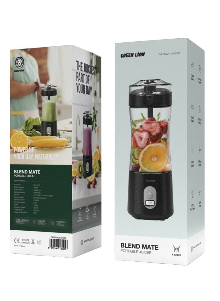 جرين ليون عصارة Blend Mate المحمولة سعة 380 مل / تنظيف ذاتي / خالية من مادة BPA / تصميم محمول / 6 شفرات قوية / شحن من النوع C / سعة بطارية عالية / طاقة قوية / PCTG درجة الغذاء - أسود  - Image 2