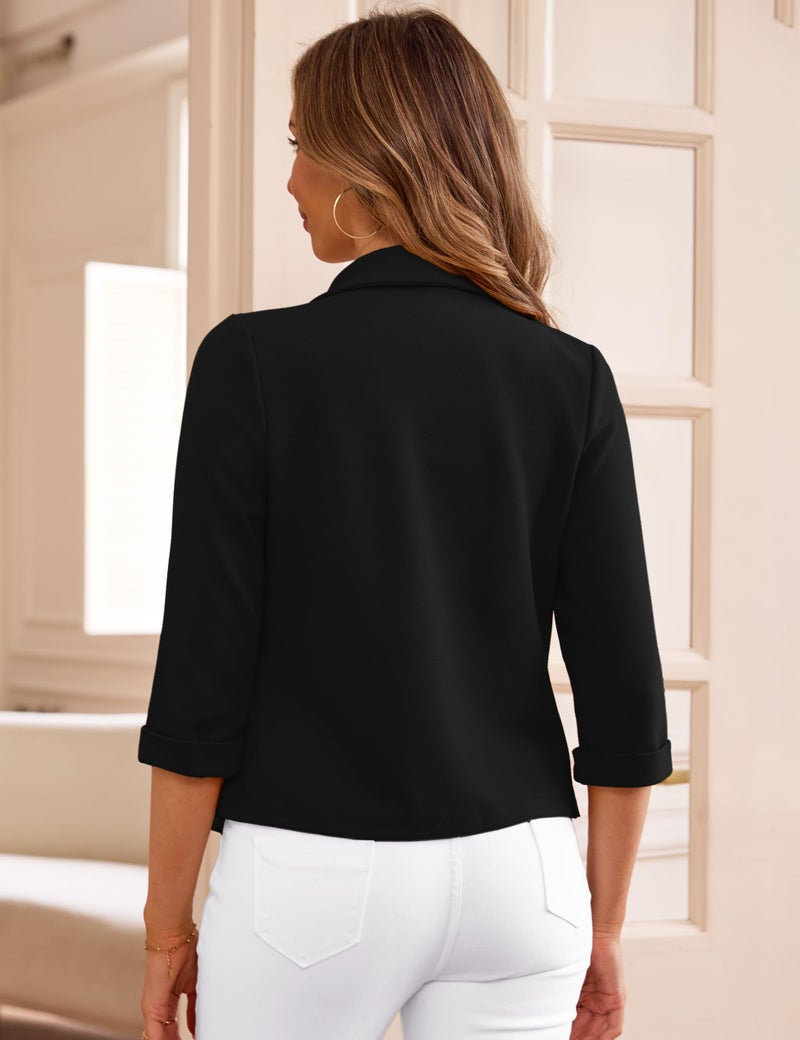 Tralilbee Women's 3/4 Sleeve Cropped Blazers Lightweight Open Front Cardigan Work Casual Tunics Style Office, Black, M - Image 5