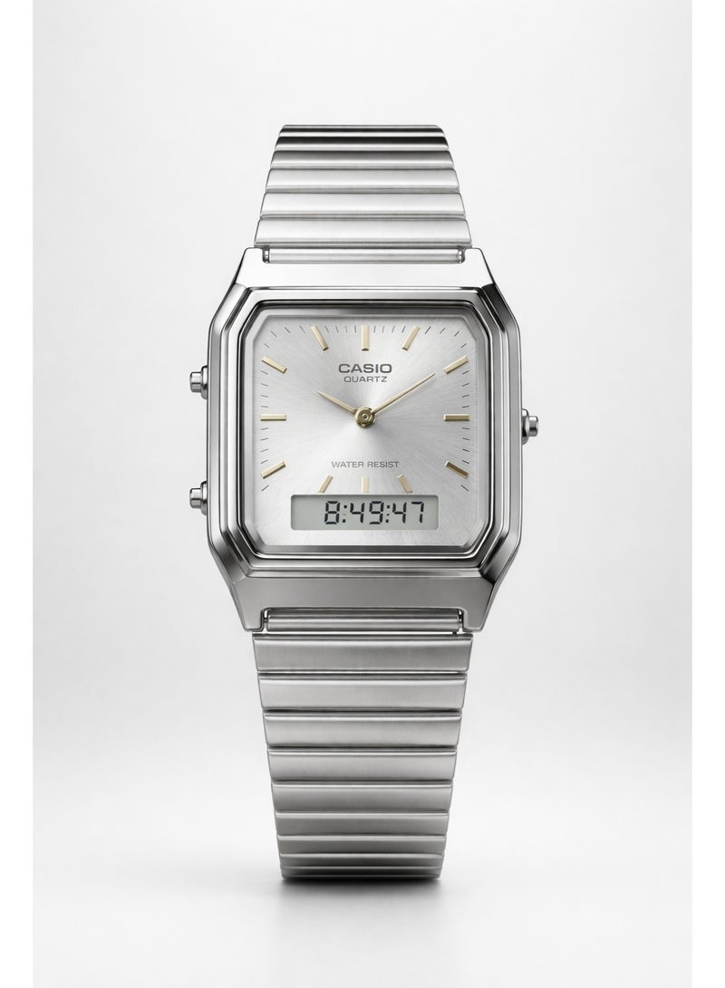 Casio Men's Stainless Steel Analog-Digital Watch – Square Dial Water Resistant Watch with Digital Display | Classic Casio Quartz Watch