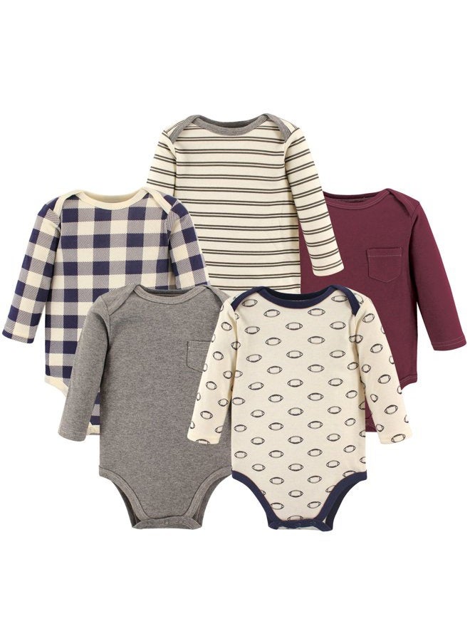 Long Sleeve Bodysuits, Burgundy Football, 18-24 Months (Pack of 5)