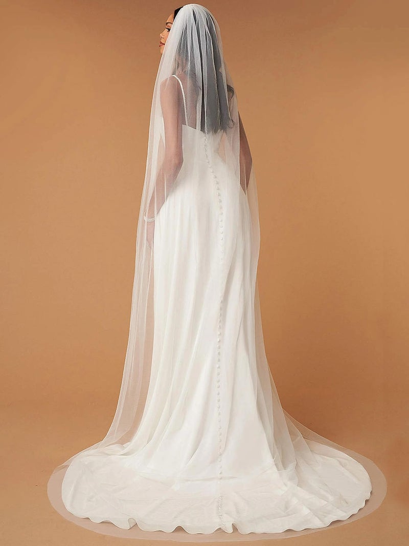 AiberLisha Chapel Length Simple Drop Wedding Bridal Veil with Metal Comb Ivory - Image 2