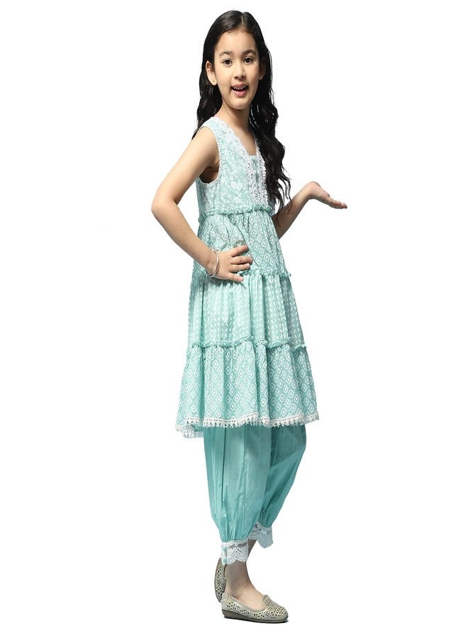 BIBA Cotton Girl Printed Relaxed Kid Kurta & Pant (Kw5168_Mint Green_7) - Image 3
