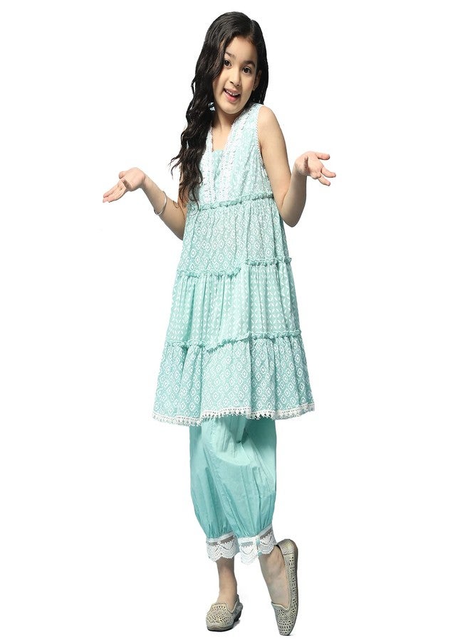 BIBA Cotton Girl Printed Relaxed Kid Kurta & Pant (Kw5168_Mint Green_7) - Image 5