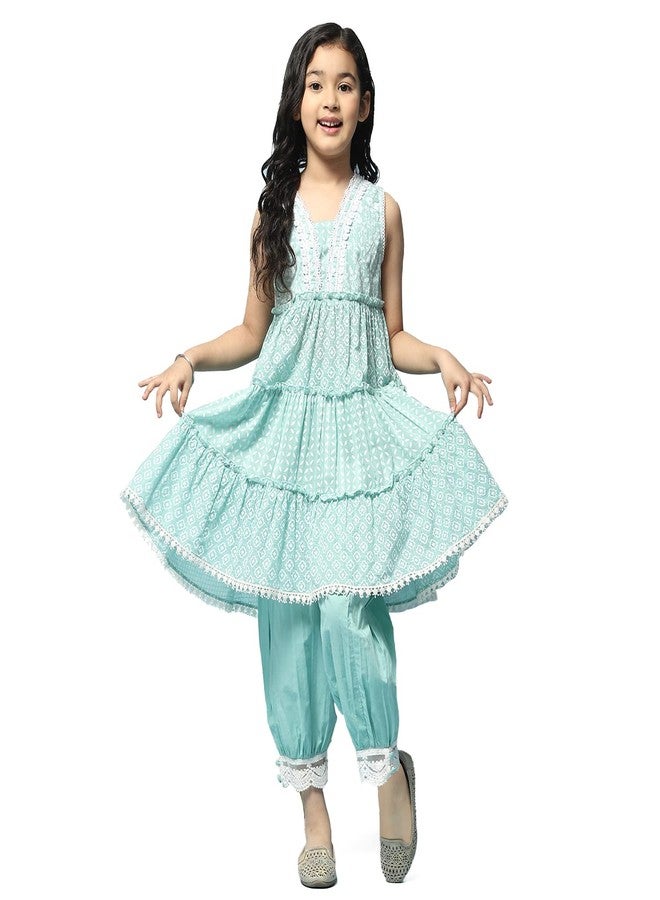 BIBA Cotton Girl Printed Relaxed Kid Kurta & Pant (Kw5168_Mint Green_7) - Image 1