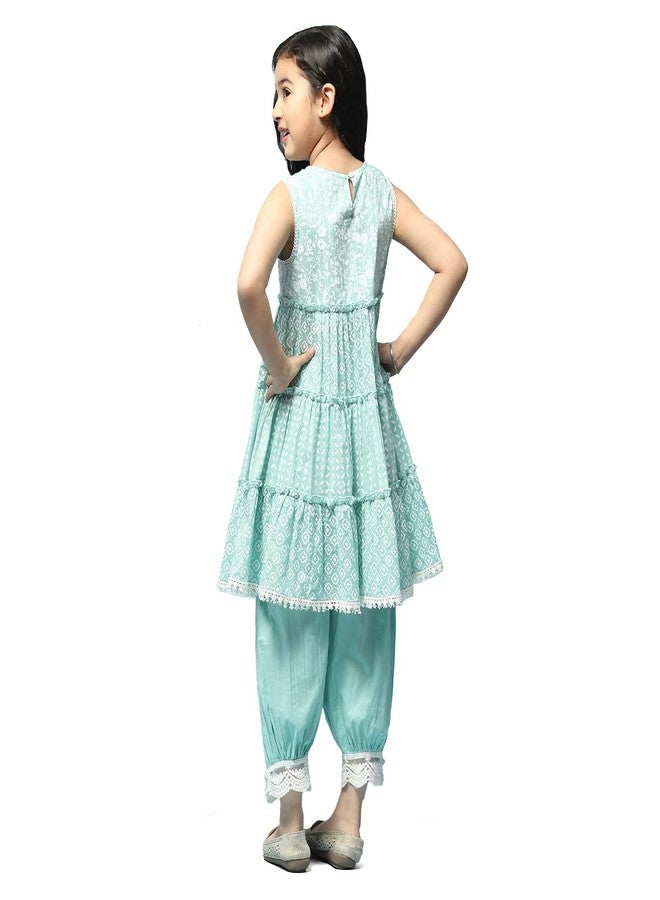 BIBA Cotton Girl Printed Relaxed Kid Kurta & Pant (Kw5168_Mint Green_7) - Image 4