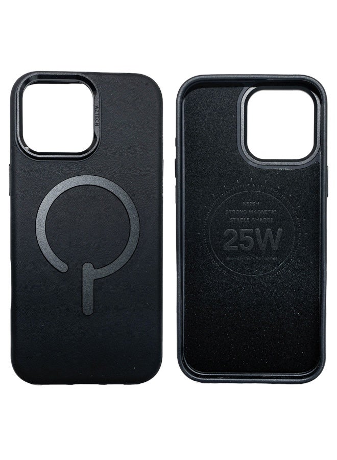 Aztech Leather Case for iPhone 16 Pro Max, MagSafe Compatible, Premium Tumbled Leather, Slim Fit, Durable Protective Case, Black Color, Metal Buttons, Camera Bump Frame, Anti-Scratch, Shockproof, Premium Leather Cover, Stylish iPhone 16 Pro Max Case, Everyday Protection, Drop Protection, Magnetic Wireless Charging Compatible, Slim Design, Modern Phone Cover, Trendy Mobile Accessories, iPhone 16 Pro Max Accessories, Protective Leather Case