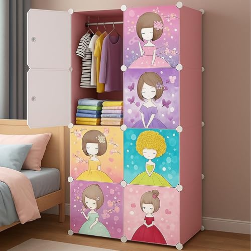Zemic Collapsible Wardrobe for Clothes - DIY 𝟖 𝐂𝐮𝐛𝐞 Plastic Almirah for Clothes with Doors, Side Hanger, Foldable Wardrobe for Storage for Kitchen Home, Living, Office (Pink, 8 Cube) - Image 1