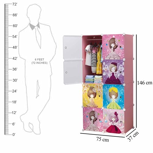 Zemic Collapsible Wardrobe for Clothes - DIY 𝟖 𝐂𝐮𝐛𝐞 Plastic Almirah for Clothes with Doors, Side Hanger, Foldable Wardrobe for Storage for Kitchen Home, Living, Office (Pink, 8 Cube) - Image 2