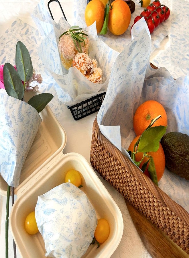 Suiwen 150 Blue Floral &Leave Printed Wax Paper, Food Picnic Paper, Greaseproof, Waterproof Dry Hamburger Liners Wrapping Tissue for Plastic Food Basket (Blue) - Image 5