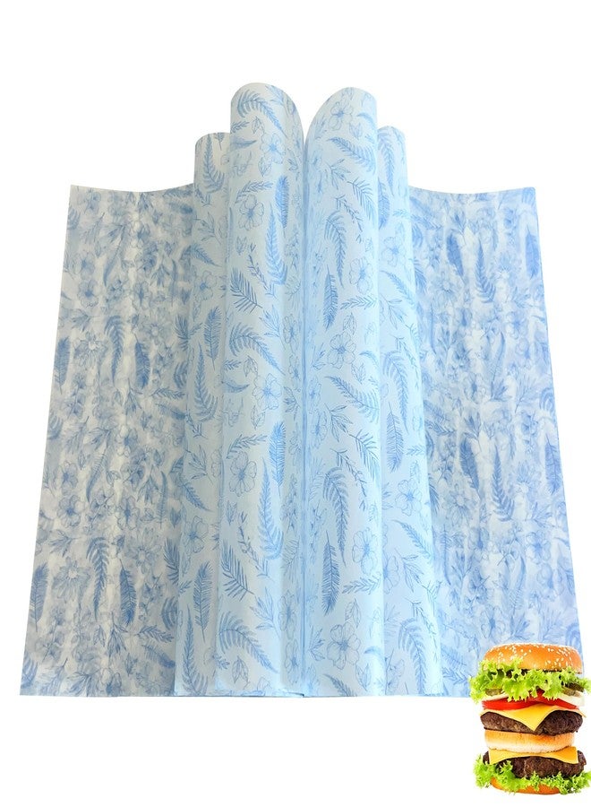 Suiwen 150 Blue Floral &Leave Printed Wax Paper, Food Picnic Paper, Greaseproof, Waterproof Dry Hamburger Liners Wrapping Tissue for Plastic Food Basket (Blue) - Image 1