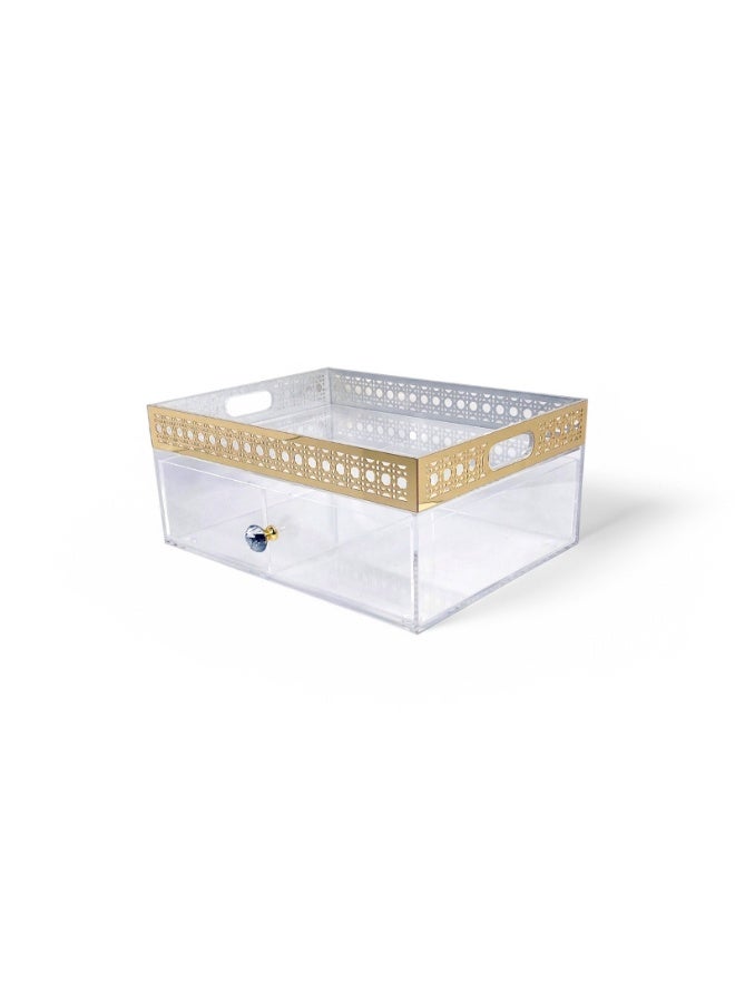 Gold Acrylic 2-Tier Storage Cabinet with Lock & Lace Trim – Transparent Display Box for Jewelry, Cosmetics, Office Supplies & Home Decor - Image 1
