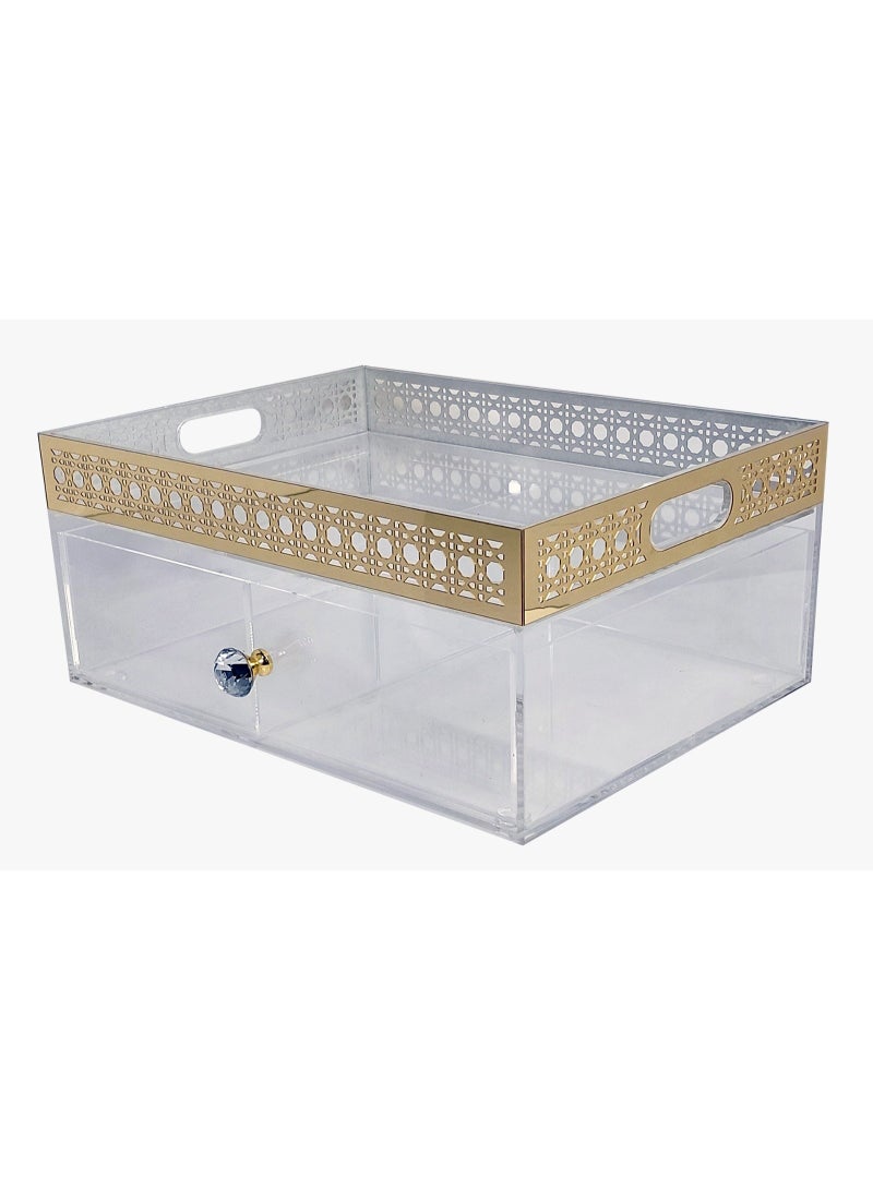 Gold Acrylic 2-Tier Storage Cabinet with Lock & Lace Trim – Transparent Display Box for Jewelry, Cosmetics, Office Supplies & Home Decor - Image 2
