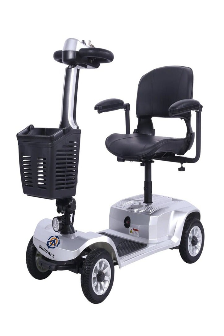 SUNCART Kingkong S-02 Foldable 4-Wheel Electric Mobility Scooter with LED Lights, Front Storage Basket, Adjustable Swivel Seat – Silver - Image 1