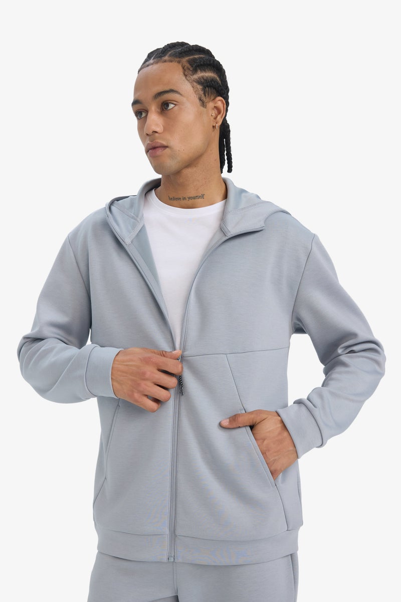 DeFacto Grey Man Standard Fit Hooded Scuba Fabric Cardigan Casual - Image 3