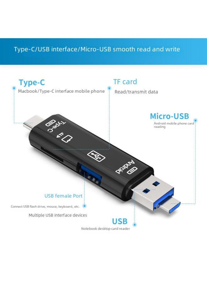 Type-c Card Reader TF Android USB To OTG2.0 Mobile Phone Adapter Multi-function Card Reader 5-in -1-Color:D-188 Black Stretch Head (with Packaging