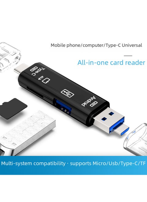 Type-c Card Reader TF Android USB To OTG2.0 Mobile Phone Adapter Multi-function Card Reader 5-in -1-Color:D-188 Black Stretch Head (with Packaging