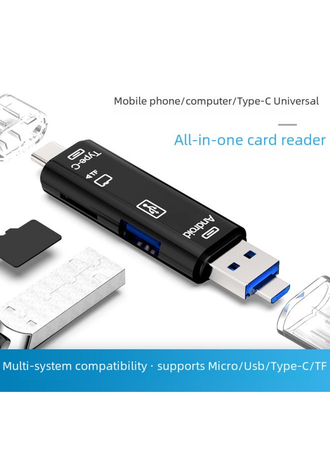 Type-c Card Reader TF Android USB To OTG2.0 Mobile Phone Adapter Multi-function Card Reader 5-in -1-Color:D-188 Black Stretch Head (with Packaging