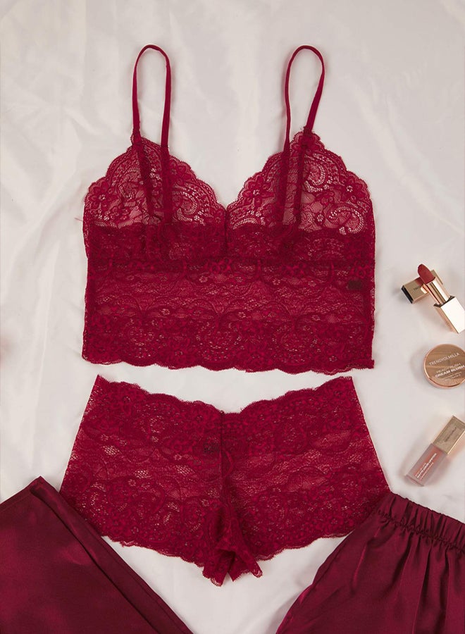 trendyol طقم مهر من 3 قطع بلون بورجوندي: حمالة صدر من الدانتيل، وسروال داخلي ساتان، وطقم بيجامة منسوجة - Image 5