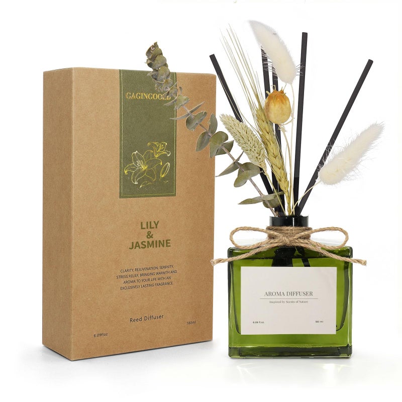 GAGINGOOLD Reed Diffuser, 6.09 oz Jasmine Lily Scent Diffuser with Sticks & Dried Flowers, 120 Days Long Lasting reed diffusers for home, Elegant fragrance for Bathroom Bedroom Office Decor, Air fresh - Image 1