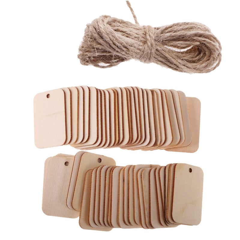 Segolike Pack of 50 Unfinished Blank Rectangle Wooden Hanging Tags for Party Favor Wedding Gift Tags with Rope - Image 1