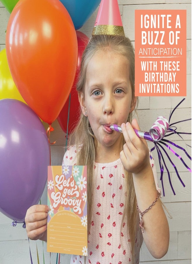 Hadley Designs Kids Birthday Invitations Girl Retro Theme - 15 Retro Birthday Party Invitations For Girls with Envelopes, Groovy Invites For Girls, Cute Party Supplies, Made in USA - Image 5