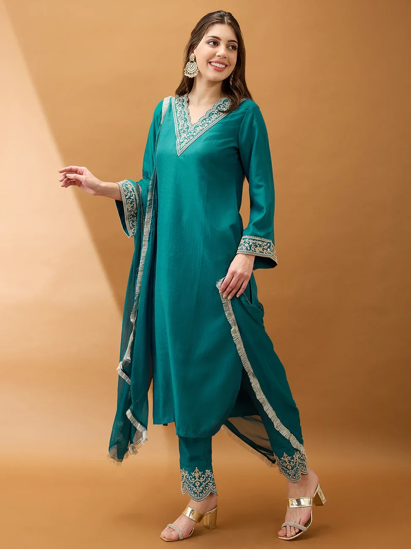 globus Globus Women Teal Sequinned Zari Embroidered V-Neck Bell Sleeves Kurta With Pant & Dupatta Festive Set