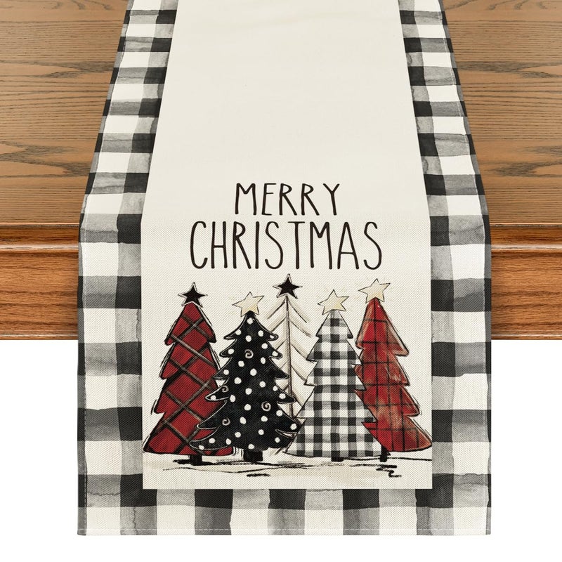 Artoid Mode Artoid Mode Waterclor Buffalo Plaid Christmas Trees Merry Xmas Table Runner Seasonal Winter Holiday Kitchen Dining Table Decoration for Indoor Outdoor Home Party Decor 13 x 72 Inch