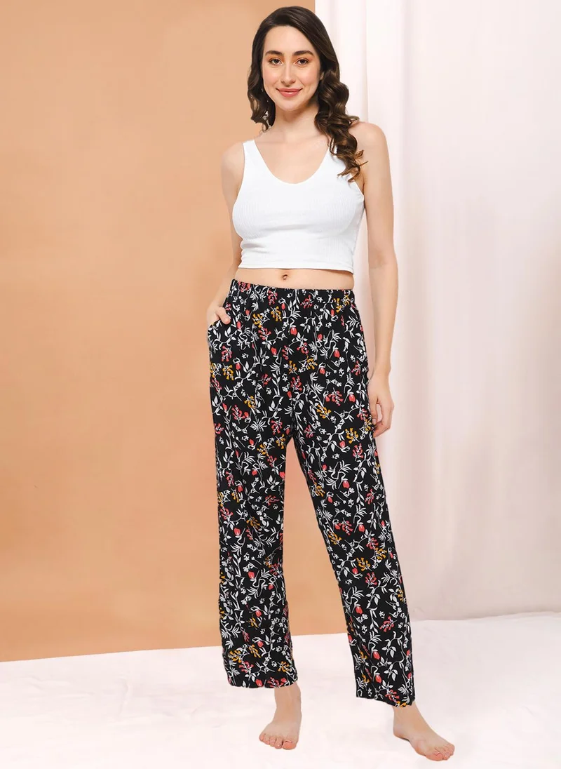 Clovia Clovia Pretty Florals Pyjama in Black - Rayon