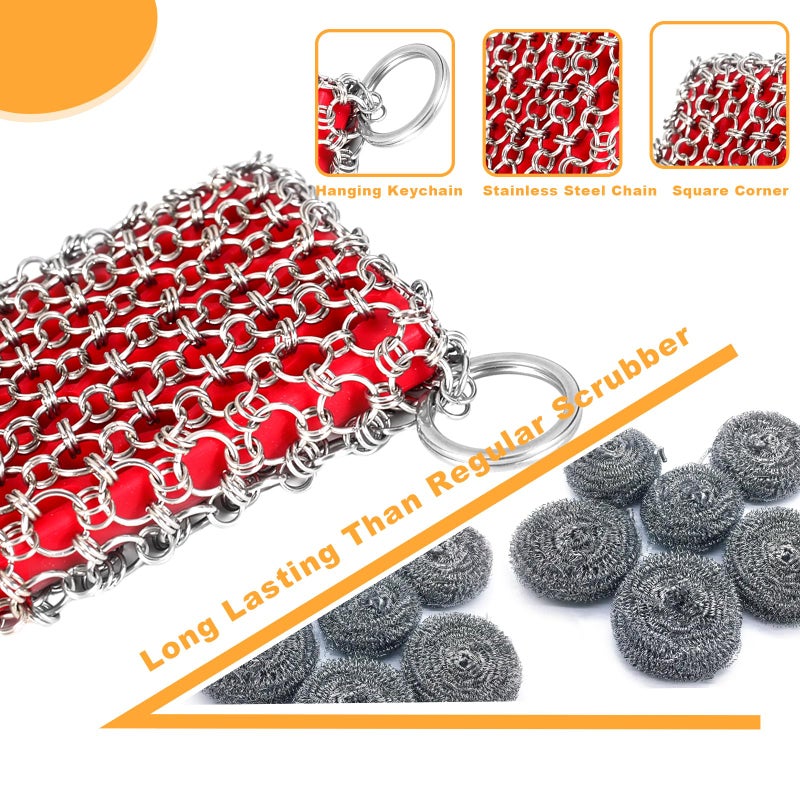 TEZZ Cast Iron Scrubber, Skillet Chainmail Scrubber for Cast Iron Pan - Chain Mail Scrubber Cast Iron Sponge - Metal Scrubber Cast Iron Skillet Cleaner, Wok, Frying Pans, Dutch Oven Cleaning Scrubber - Image 5