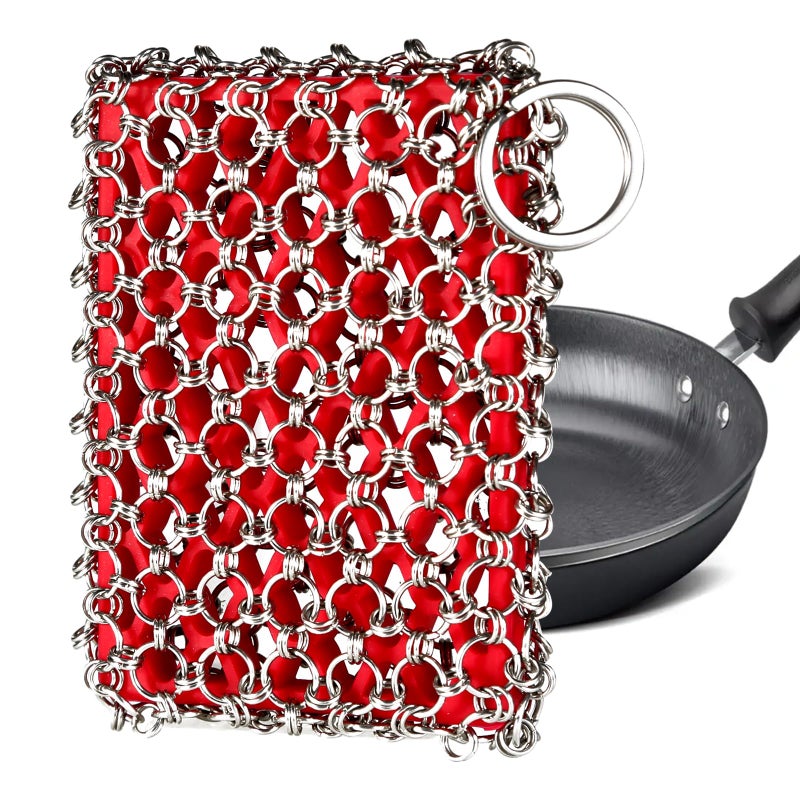 TEZZ Cast Iron Scrubber, Skillet Chainmail Scrubber for Cast Iron Pan - Chain Mail Scrubber Cast Iron Sponge - Metal Scrubber Cast Iron Skillet Cleaner, Wok, Frying Pans, Dutch Oven Cleaning Scrubber - Image 1