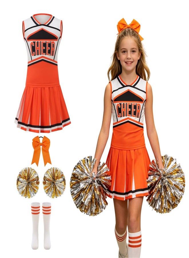AGCOAH Cheerleading Costume for Girls Classic Orange Cheerleader Uniforms Cheer Outfit 5PCS Set Halloween Cosplay 47.2Inch(4-5Y) - Image 1