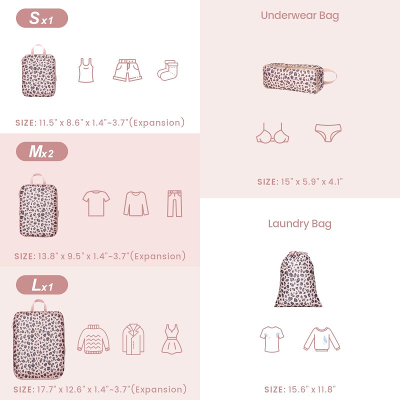 Cambond Compression Packing Cubes for Suitcases - 6 Set Packing Cubes for Travel Expandable Luggage Packing Organizers with Underwear Bag and Laundry Bag, Leopard Print Rose Gold - Image 2