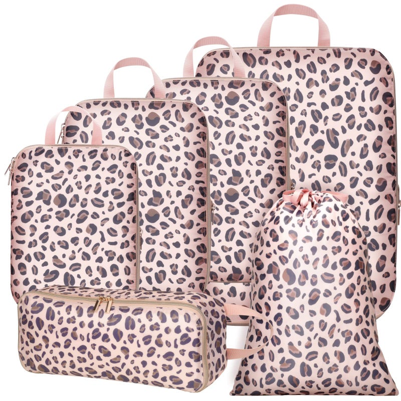 Cambond Compression Packing Cubes for Suitcases - 6 Set Packing Cubes for Travel Expandable Luggage Packing Organizers with Underwear Bag and Laundry Bag, Leopard Print Rose Gold - Image 1