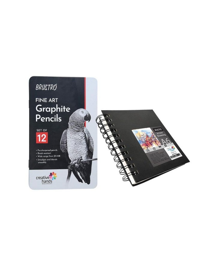 BRUSTRO Artists Fineart Graphite Pencil Set of 12 (10B-2H) with Artists Sketchbook, A6, Wiro Bound, 116 Pages 160 GSM |Ideal for Drawing,Sketching,Mandala,Shading,Artwork, Artists, Professionals. - Image 1