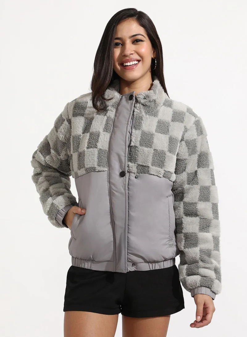 كامبوس سوترا جاكيت كاروهات نسائي من الصوف بتصميم قمر رمادي